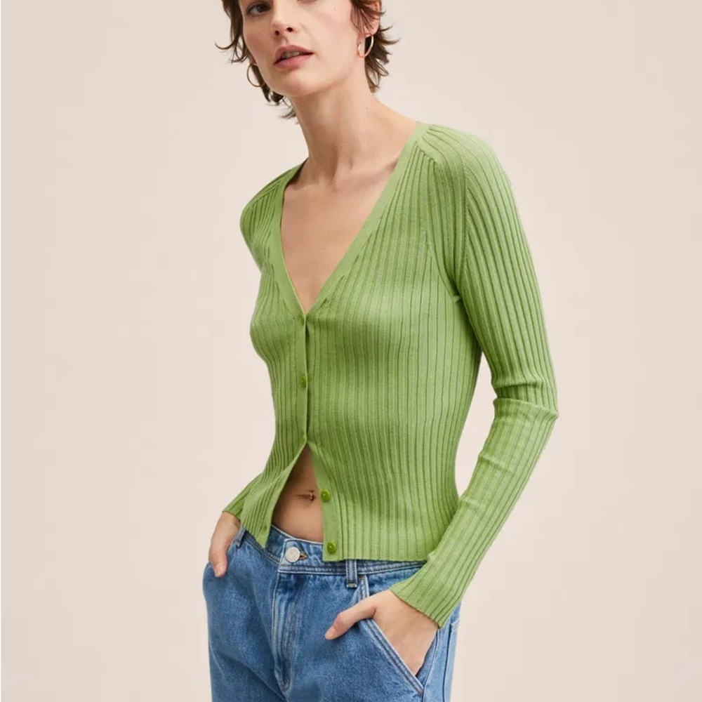 MNG Mango Green Ribbed Women's Cardigan Sweater Large